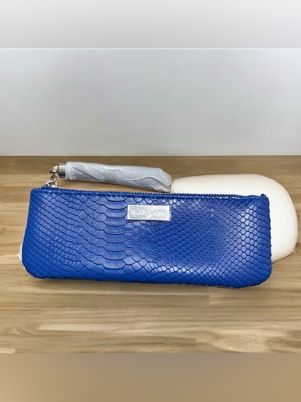NEW Babe Lash Blue Tassel Makeup Cosmetic Bag Zipper Closure Silver Name Plate